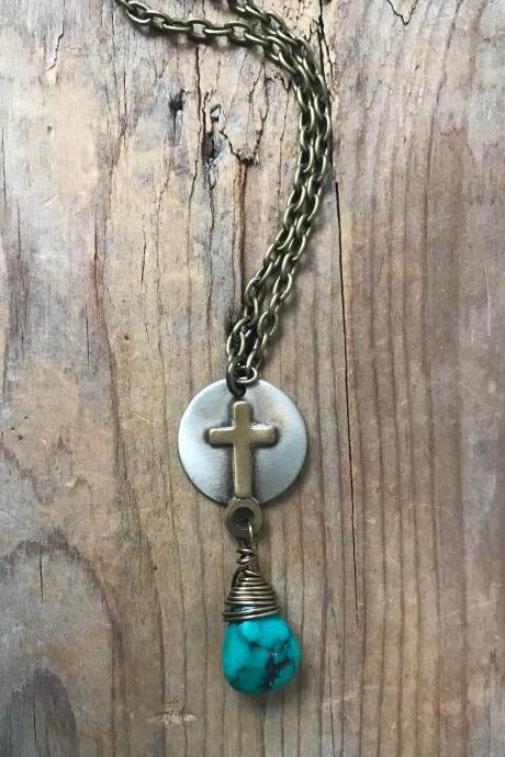 Brass Cross Necklace With Turquoise. December Birthstone Religious Jewelry Spiritual Southwestern Gemstone Charm Gifts Under 40 OOAK.