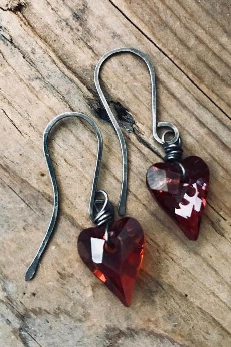 Red Crystal Heart Earrings Oxidized Sterling Silver Swarovski Valentines Jewelry Heart Jewelry Love Romantic.