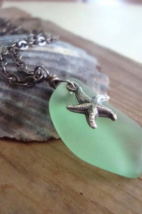 Mint Green Sea Glass Necklace With Starfish Beach Glass Jewelry Summer Beachy Upcycled Silver Wire Wrapped Bridesmaid Gifts Under 30.