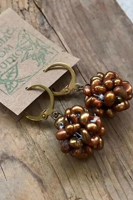 Pearl Cluster Earrings - Amber Pearl And Brass. Modern Bridal Jewelry June Birthstone Weddings Leverbacks Dangles Gifts Under 30.