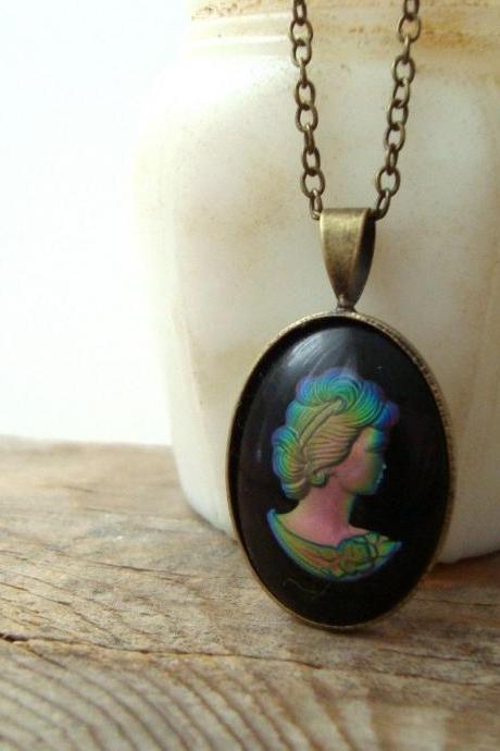 Black Rainbow Cameo Necklace, Vintage Style Bridesmaid Jewelry Handmade.