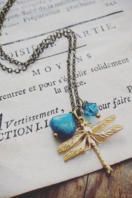 Gold Dragonfly Necklace With Chrysocolla. Crystal Gemstone Charm Jewelry Aqua Brass, Jewelry Nature Inspired.