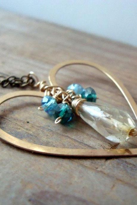 Gold Heart Necklace - Heart of Gold. Aqua Crystal Rondelle Citrine Teardrop Brass Chain Vintage Style Heart Necklaxe, November Birthstone.