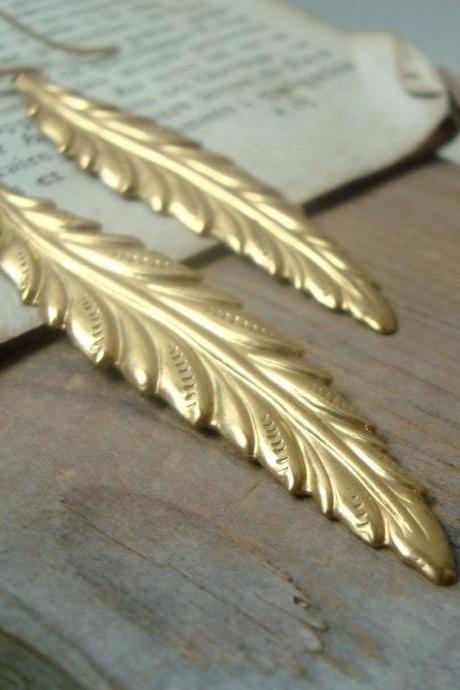Large Brass Feather Earrings Native American Statement Earrings Nature Inspired Brass .