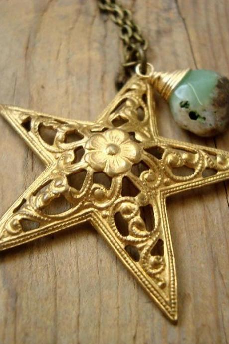 Brass Star Necklace With Chrysoprase Long Necklace Celestial Charm Gemstone Brass Jewelry Vintage Style Mothers Day Under 50 Layering.