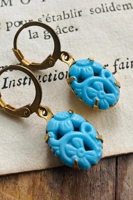Vintage Turquoise Floral Earrings Cabochons Vintage Style Bridesmaid Jewelry Brass Old Fashioned Jewelry 1960s Retro Gifts For Her.