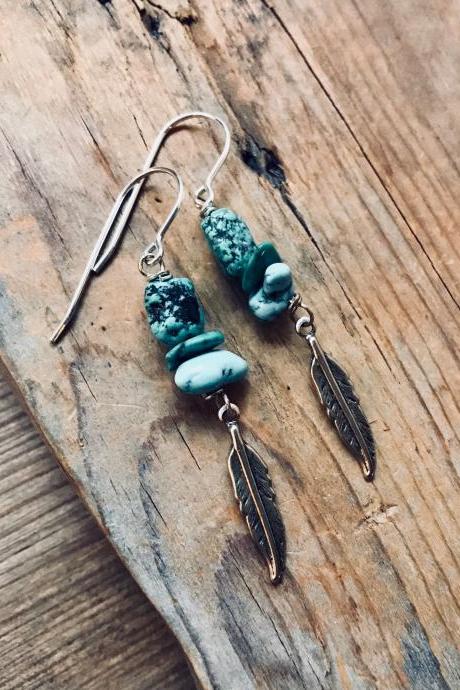 Turquoise Earrings With Silver Feather Sterling Silver Wire Wrapped December Birthstone Gemstone Jewelry Gifts Under 40 Boho Southwestern.