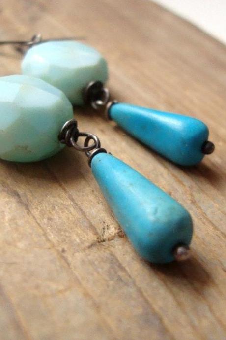Blue Opal And Turquoise Earrings, Oxidized Sterling Silver Wire Wrapped October Birthstone, Modern Gemstone Jewelry