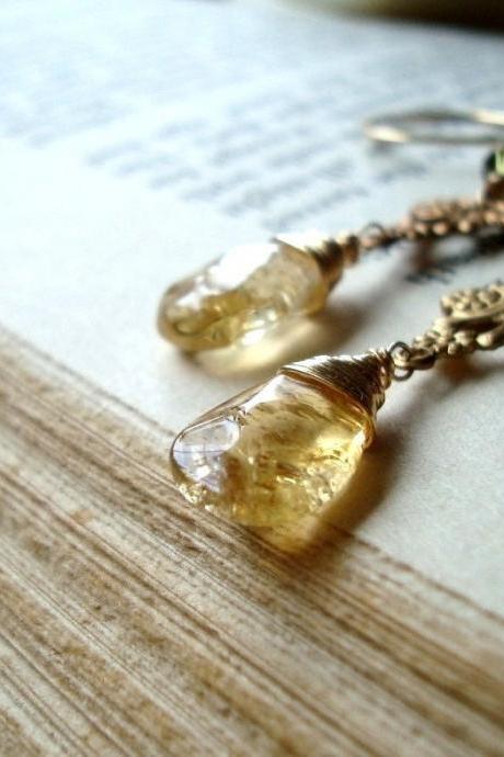 Citrine Earrings Reverie, Vintage Style Brass November Birthstone Citrine Jewelry, Gemstone Jewelry Art Nouveau Gold