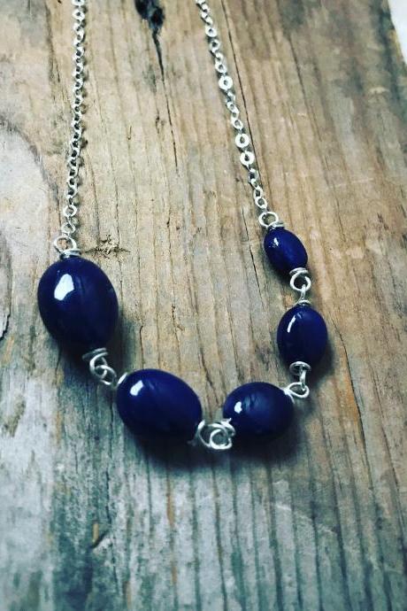 Sapphire Necklace, Sterling Silver Wire Wrapped, Dark Blue Jewelry, Gemstone September Birthstone.