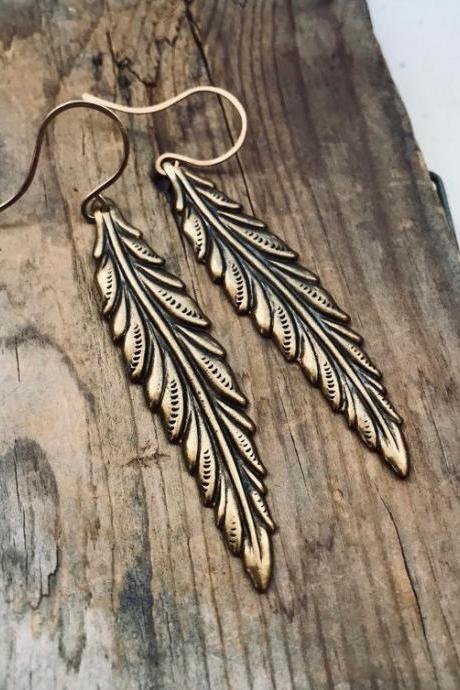 Large Antique Brass Feather Earrings Native American Statement Earrings Nature Inspired Gold Jewelry, Boho Bohemian Coachella.
