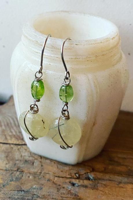 Prehnite and Peridot Earrings, Sterling Silver August Birthstone Sterling Silver Wire Wrapped Gemstone Jewelry, Bridesmaid Weddings.