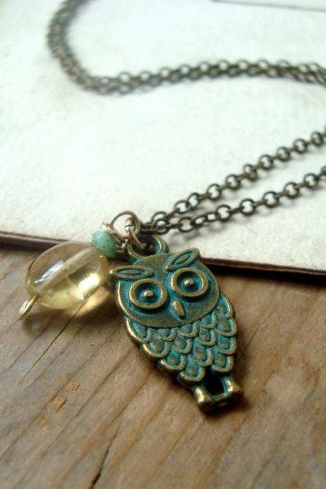 Green Owl Necklace with Gemstones Jewelry November Citrine Brass Jewelry, Woodland Owl Nature Inspired Rustic.