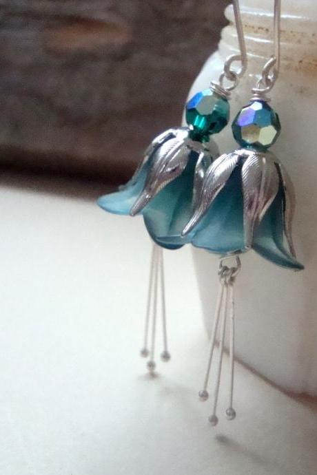 Teal And Silver Blossom Earrings, Lucite Holiday Jewelry Bridesmaid Earrings Weddings Nature Inspired Floral.