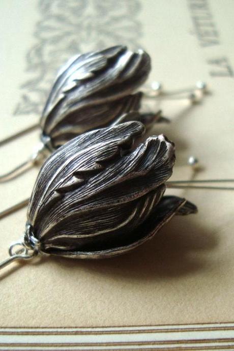 Silver Tulip Flower Earrings - Large Bridal Jewelry Fall Fashion Holiday Jewelry Spring Fashion Floral Jewelry Silver Tulips Large Dangles.