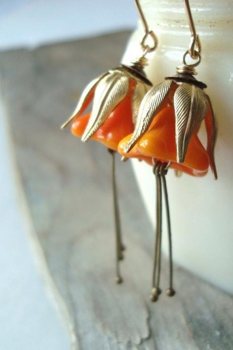 Pumpkin Blossom Earrings Brass Vintage Style Fall Fashion Flower Jewelry Halloween Floral Earrings, Art Nouveau Style.