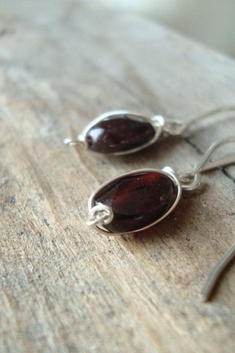 Tiny Garnet and Sterling Wire Wrapped Earrings, January Birthstone Modern Small Dangles- Cranberry Red Gemstone Jewelry.