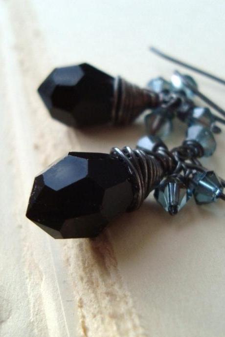 Black Vintage Glass Holiday Earrings, Magie Noire Teardrop Blue Crystal Sterling Silver Wire Wrapped Holiday Jewelry.