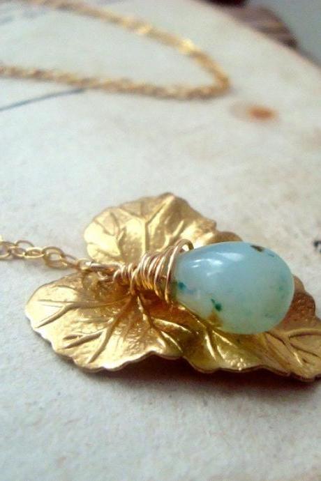 Ivy Leaf Necklace With Green Opal Glass Gold Nature October Birthstone, Art Nouveau Gemstone Bridesmaid Earrings.