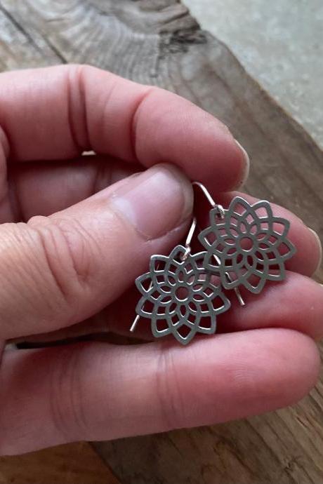 Small Silver Mandala Earrings Lotus Flower Metalwork Sterling Silver Zen Asian Style Modern Dangle Earrings.