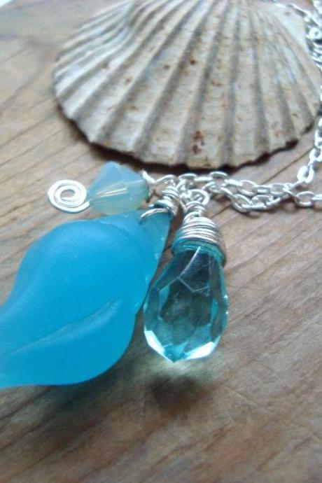 Sea Glass Necklace, Aqua Shell And Crystal, Jewelry Bridesmaids Statement Necklace.