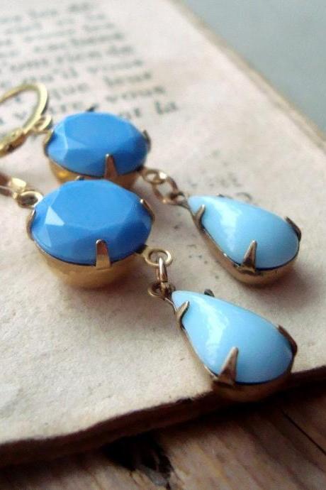 Sky Blue Rhinestone Earrings, Vintage Style Bridesmaid Brass Earrings, Handmade Jewelry, March Birthstone Earrings.