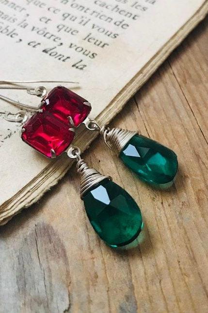 Red and Green Crystal Earrings Vintage Style Silver Bridesmaid Jewelry Ruby Red Emerald Green May Birthstone July.