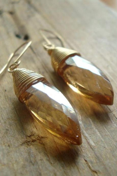 Golden Crystal Navette Earrings, Citrine Champagne Gold Jewelry Wire Wrapped October Birthstone Bridesmaid Jewelry.