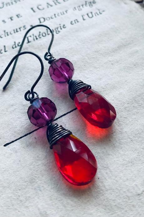 Holiday Crystal Earrings Red Fuchsia Oxidized Sterling Silver Long Drops Vintage Style Wire Wrapped.