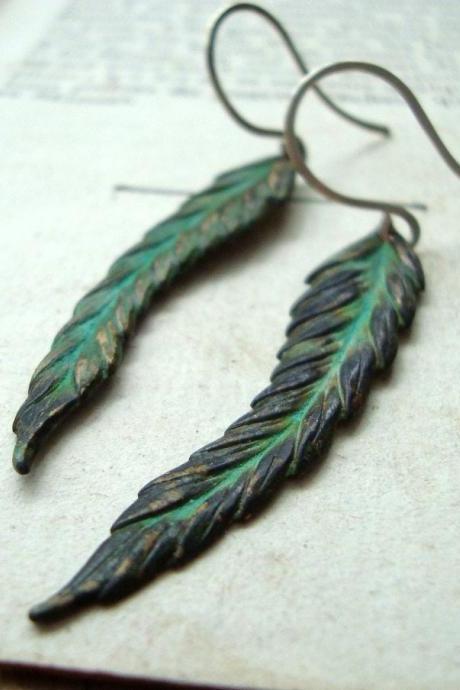 Feather Earrings - Green Patina Long Dangles Boho Chic Hippie Statement Earrings Coachella Sterling Silver Brass Jewelry. 