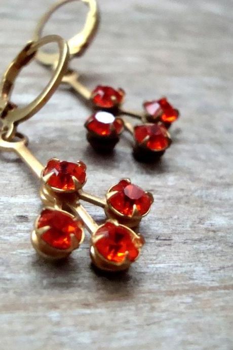 Orange Red Rhinestone Earrings Vintage Style Bridesmaid Brass Jewelry Fall Earrings. 