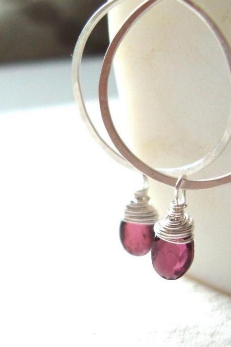 Tiny Cranberry Garnet Hoop Earrings Sterling Silver Jewelry January Birthstone Gemstone Cranberry Red. 