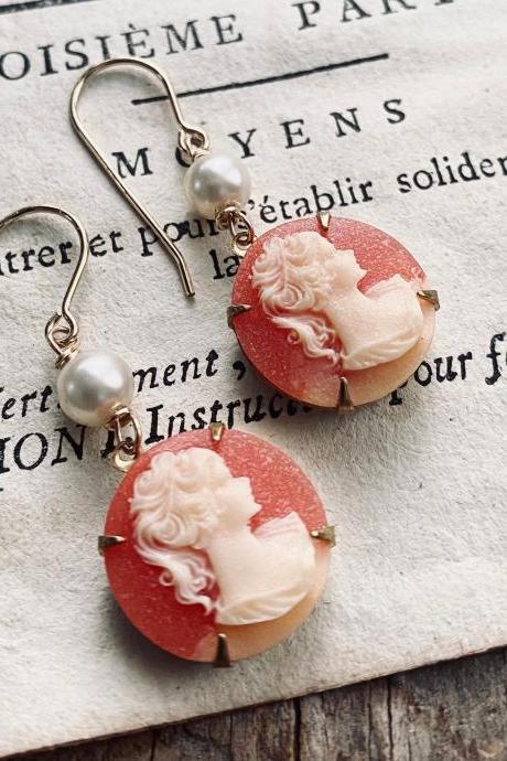 Cameo Earrings With Pearl Peach and Ivory Vintage Style Bridesmaid Jewelry Brass Old Fashioned Round Portrait Gifts For Her 