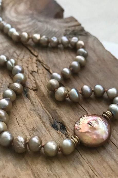 Golden Pearl Necklace with Sterling Silver. Boho Chic Gemstone Jewelry June Birthstone Statement Necklace Gifts Under 100 Anniversary Gift 