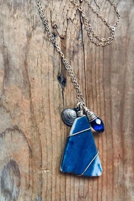 Sea Pottery Necklace Cobalt White With Silver Clam Shell And Crystal Sterling Silver Jewelry Beachy Summer Bridesmaid Beach Weddings