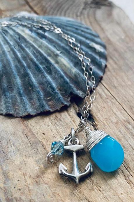 Anchor Necklace Nautical Jewelry Aqua Briolette Crystal Sailors Necklace Summer Sailing Charm Silver Bridesmaids 