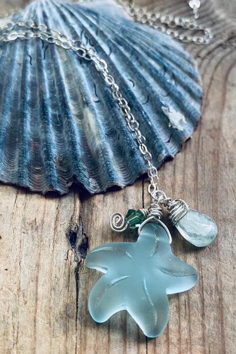Starfish Necklace With Aquamarine Sea Glass Jewelry Mint Green Simple Beach Weddings Beachy Charm Bridesmaid Recycled Glass Nautical Summer 
