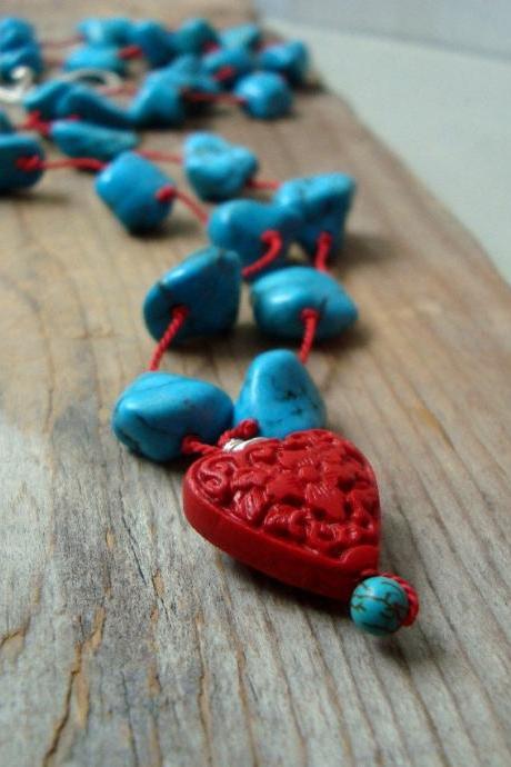 Turquoise and Cinnabar Heart Necklace - Boho Chic Summer Fashion Turquoise Jewelry December Birthstone Statement Necklace Gifts For Her 