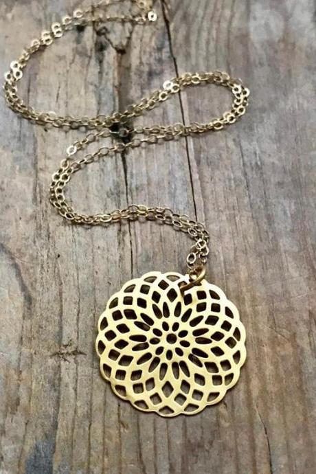 Gold Mandala Necklace Zen Jewelry Yoga Jewelry Asian Style Modern Pendant Gifts For Her Mothers Day Gifts Serenity Gifts Under 40 