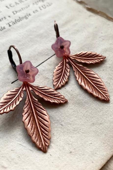Copper Three Leaf Earrings With Pink Flower Nature Inspired Vintage Style Under 40 Woodland Jewelry Fall Fashion Dangles Gifts For Her 