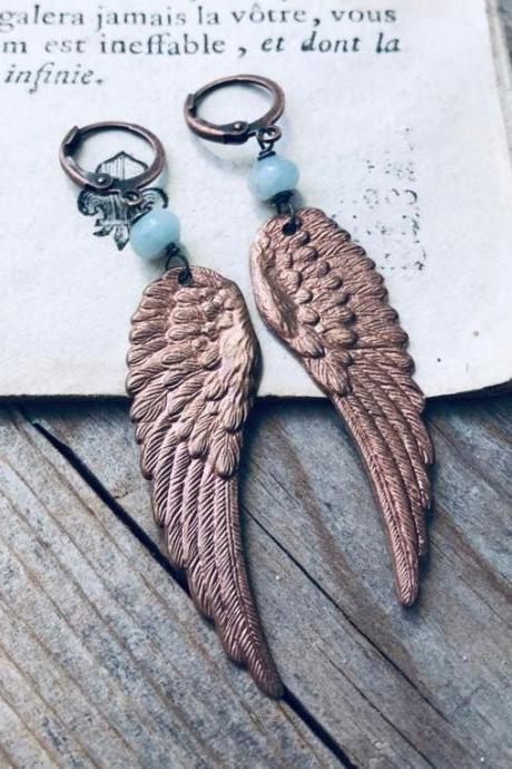 Angel Earrings With Aquamarine Rose Gold Jewelry Aqua Vintage Style Long Dangles Leverbacks Gemstone