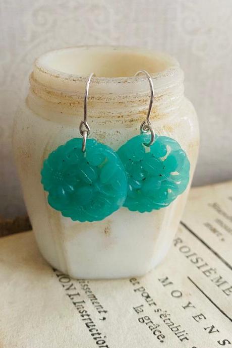 Floral Glass Cabochon Earrings Large Mint Green Vintage May Birthstone Sterling Silver Mothers Day Spring Holiday Jewelry Gifts Under 50 