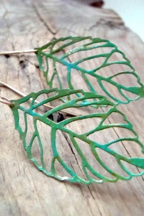 Patina Cutout Leaf Earrings Nature Inspired Painted Modern Zen Minimalist Gifts Under 25 Woodland Jewelry Fall Fashion Dangles Gifts For Her 