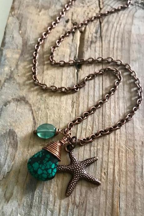 Copper Necklace Turquoise With Starfish And Apatite Copper Jewelry Beachy Summer Jewelry Gemstone Bridesmaid Necklace Wholesale