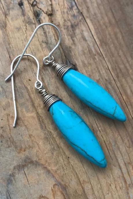 Turquoise Navette Earrings Sterling Silver Wire Wrapped December Birthstone Modern Gemstone Jewelry Gifts Under 50 