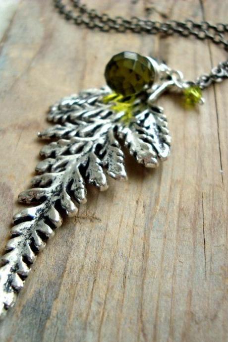 Silver Fern Necklace With Olive Green Crystals, Woodland, Statement Necklaces, Long Layering Necklaces, Gifts Under 40 Nature Inspired 