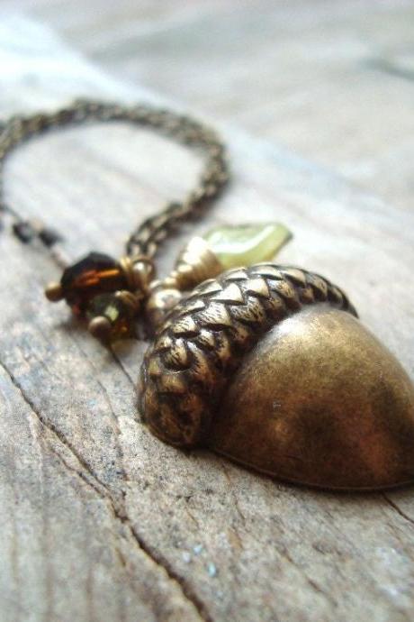 Brass Acorn Necklace Charm Necklace Fall Woodland Autumn Weddings Bridesmaid Necklace Brass Jewelry Squirrel Gifts For Her Bridal 