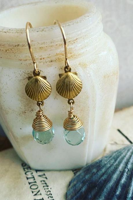 Brass Scallop Earrings With Aqua Crystal Beachy Jewelry Charm Jewelry Gold Earrings Beach Weddings Bridesmaid Jewelry Gifts Under 40 