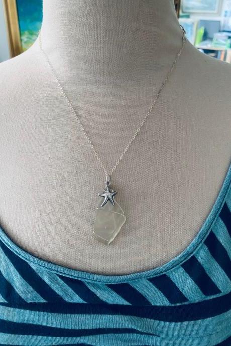 Sea Glass Necklace Clear With Silver Starfish Charm Sterling Silver Jewelry Beachy Summer Bridesmaid Beach Weddings 