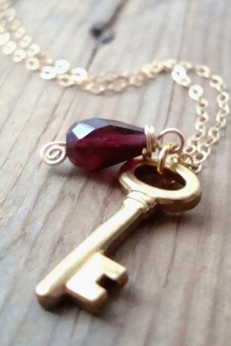 Brass Key Necklace With Garnet - Garnet Jewelry January Birthstone Key Jewelry Mothers Day Gold Gemstone Jewelry 